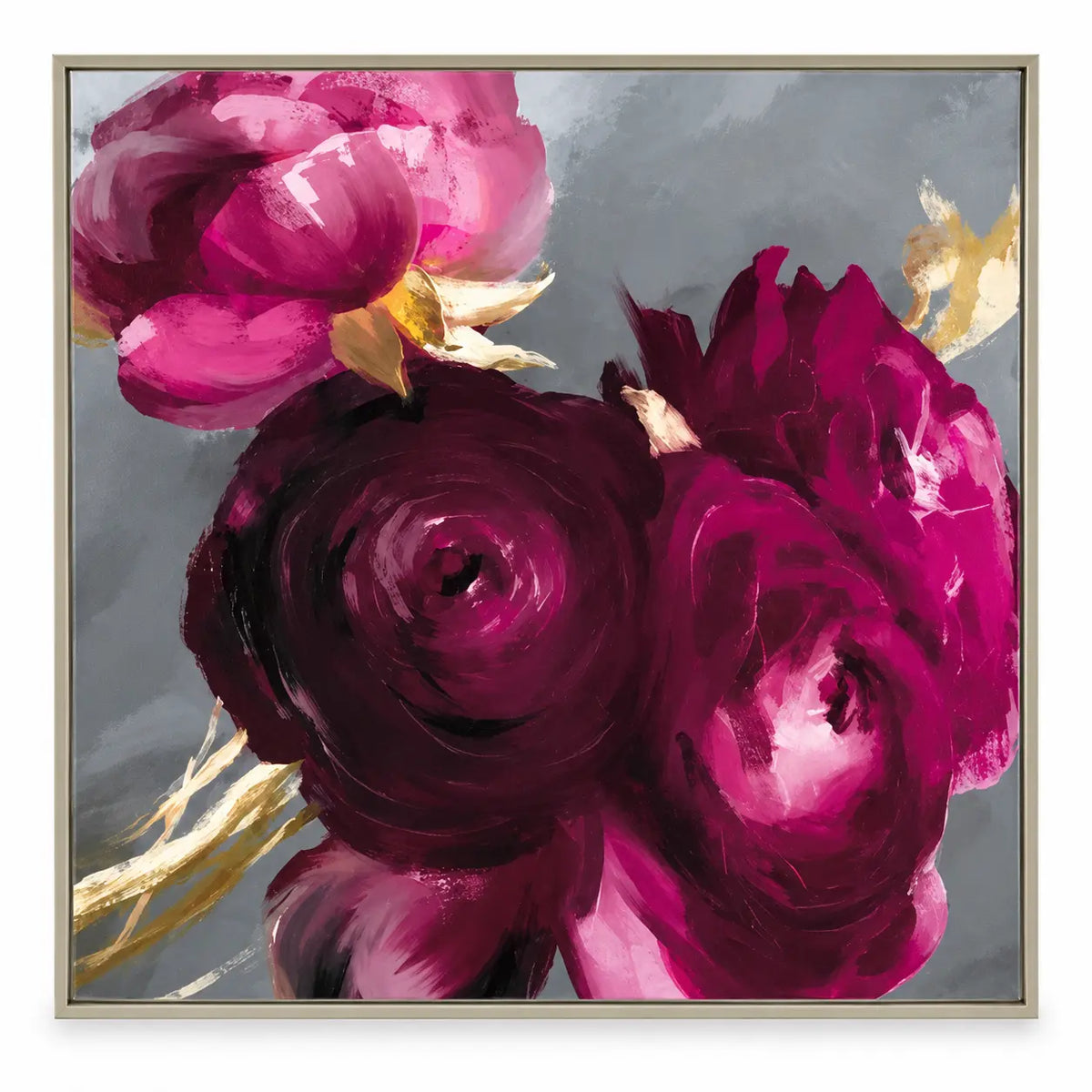 Artko Plum Ranunculus extra large framed floral canvas front view on white