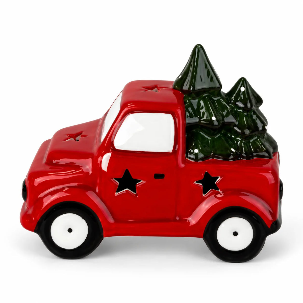 One red ceramic LED Christmas tree truck, 12 x 7 x 11 cm, unlit on a white background