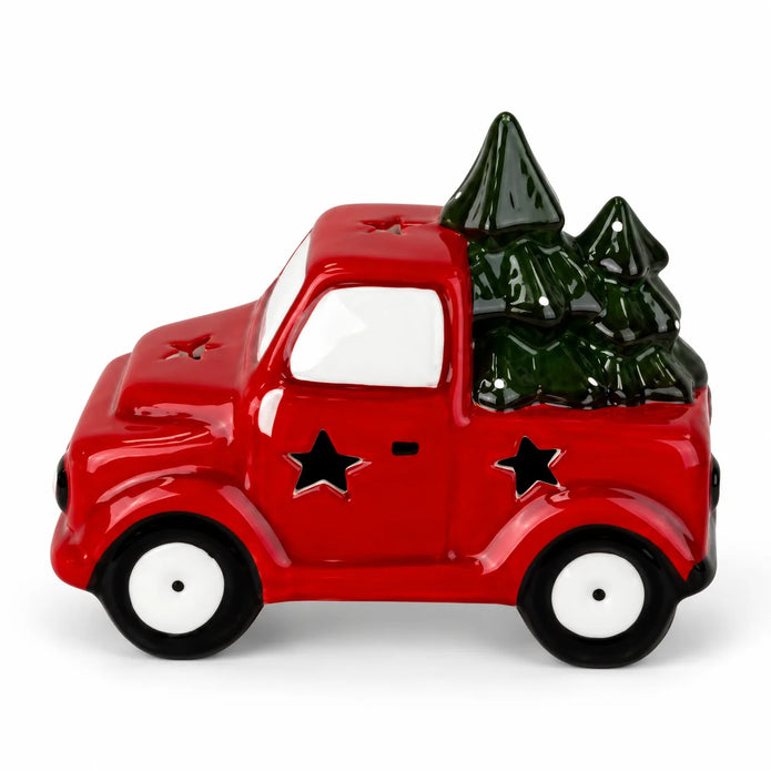 One red ceramic LED Christmas tree truck, 12 x 7 x 11 cm, unlit on a white background