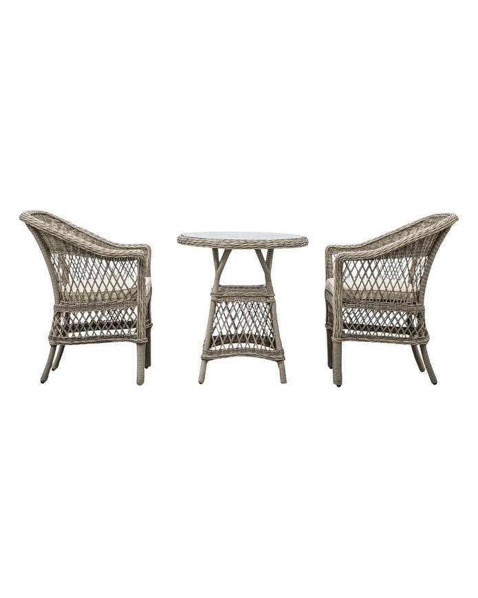 Natural rattan Menton two-seat bistro set from Gallery Direct, outdoor garden furniture with matching chairs and table.