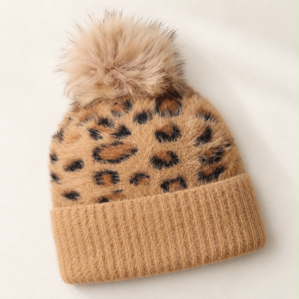 Tan Leopard Print Fluffy Bobble Hat