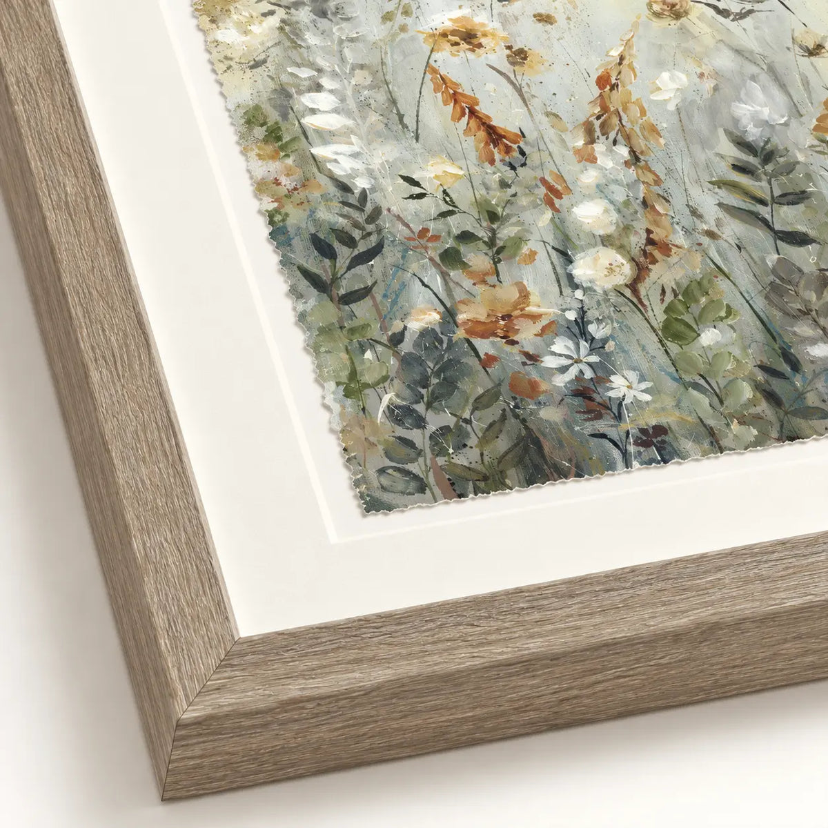 Artko Blossom close-up showing light wood frame, mount and deckled print edge