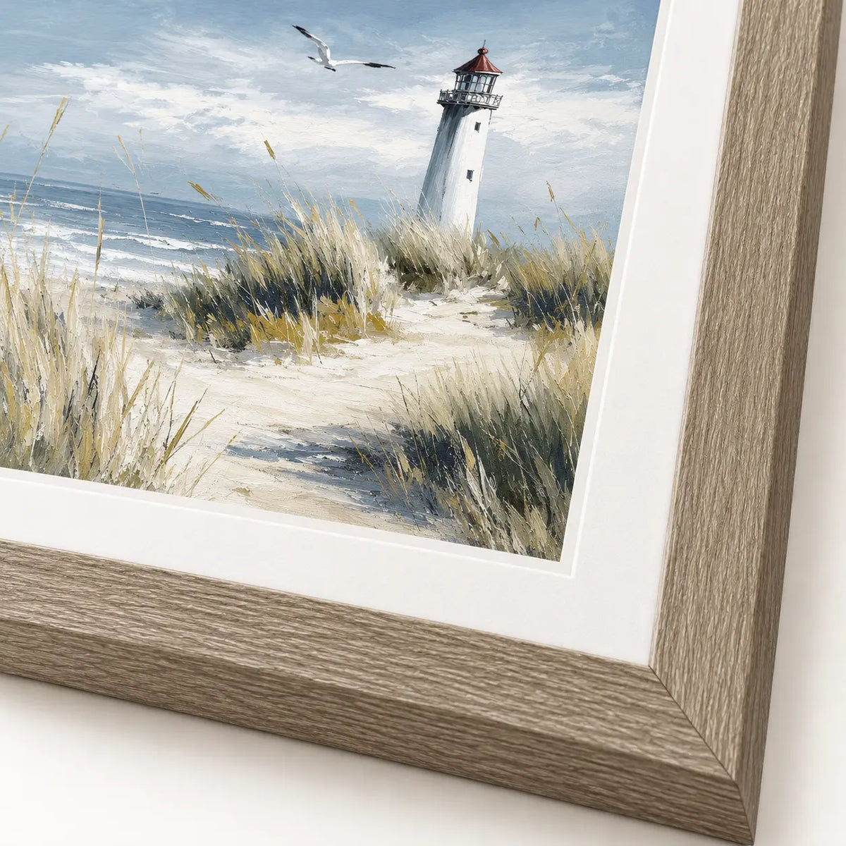 Artko Harbour Watch Lighthouse close-up showing wood-effect frame and white mount