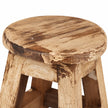 Close-up of the natural pine mini stool’s round wooden top, showing grain, colour variation and its rough, uneven edge.