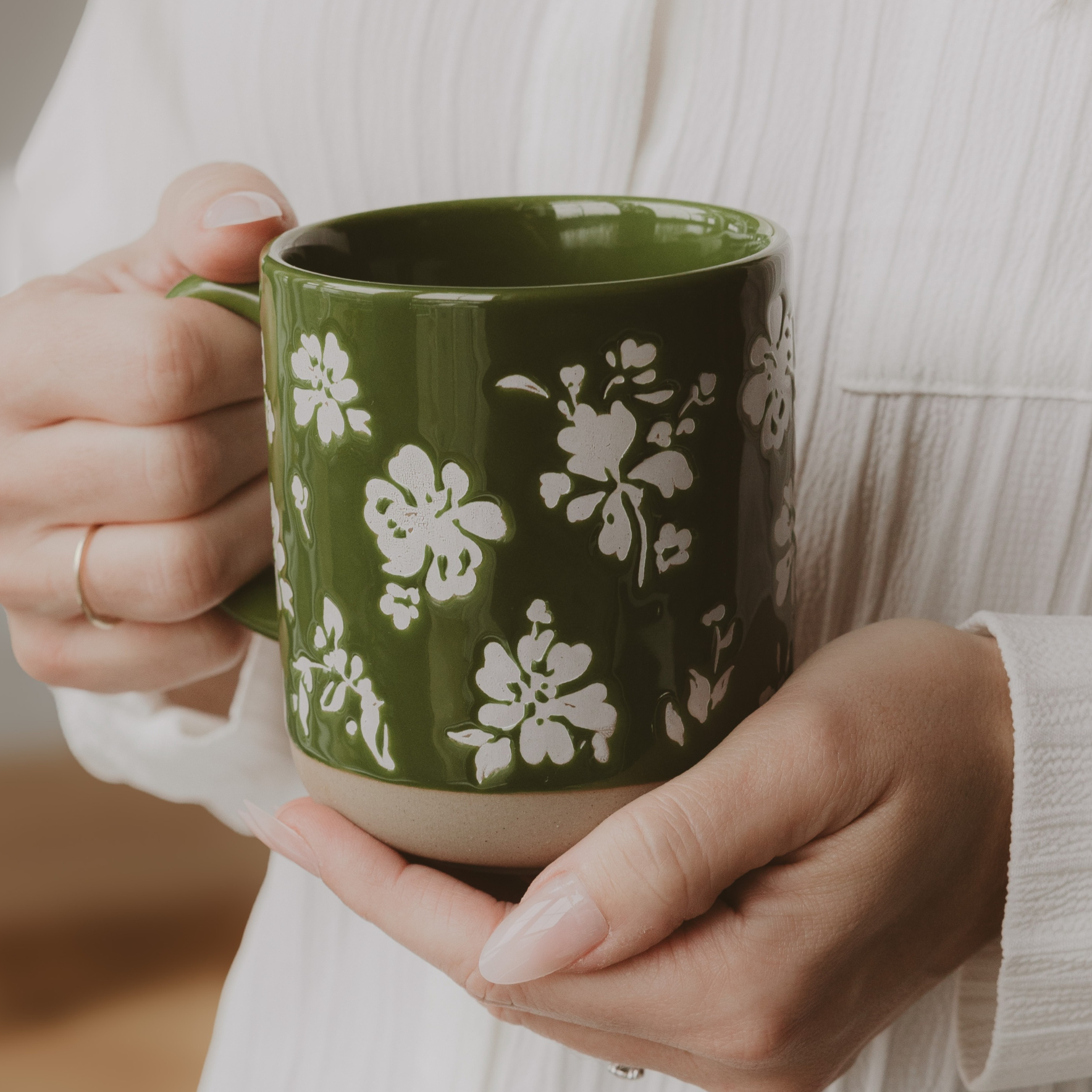 Green Floral Stoneware Coffee Mug - Spring Home Decor