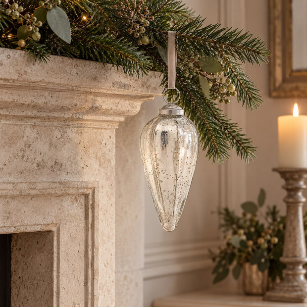 Silver Glass Christmas Teardrop Hanging Decoration
