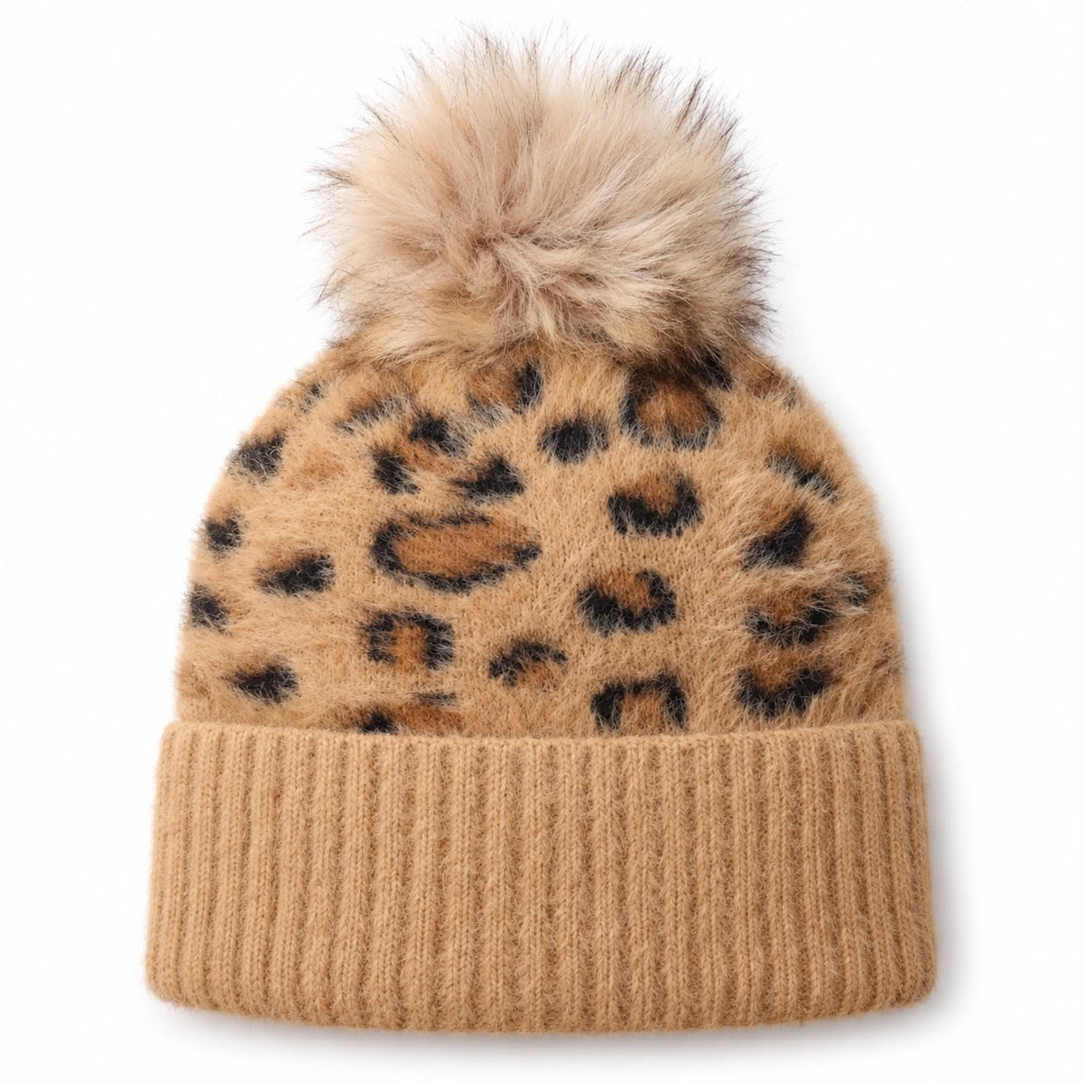 Tan Leopard Print Fluffy Bobble Hat
