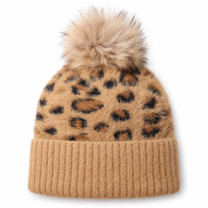 Tan Leopard Print Fluffy Bobble Hat