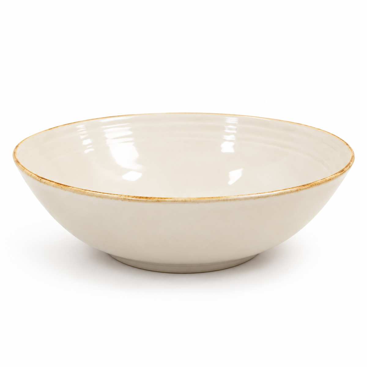 Empty ivory stoneware salad bowl with a contrasting rim on a white background