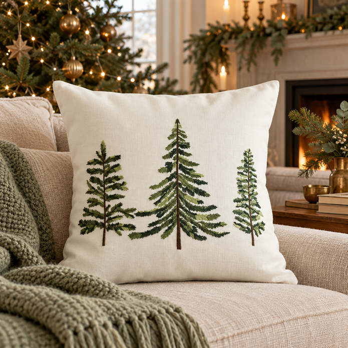Cream And Green Embroidered Christmas Tree Cushion Cover