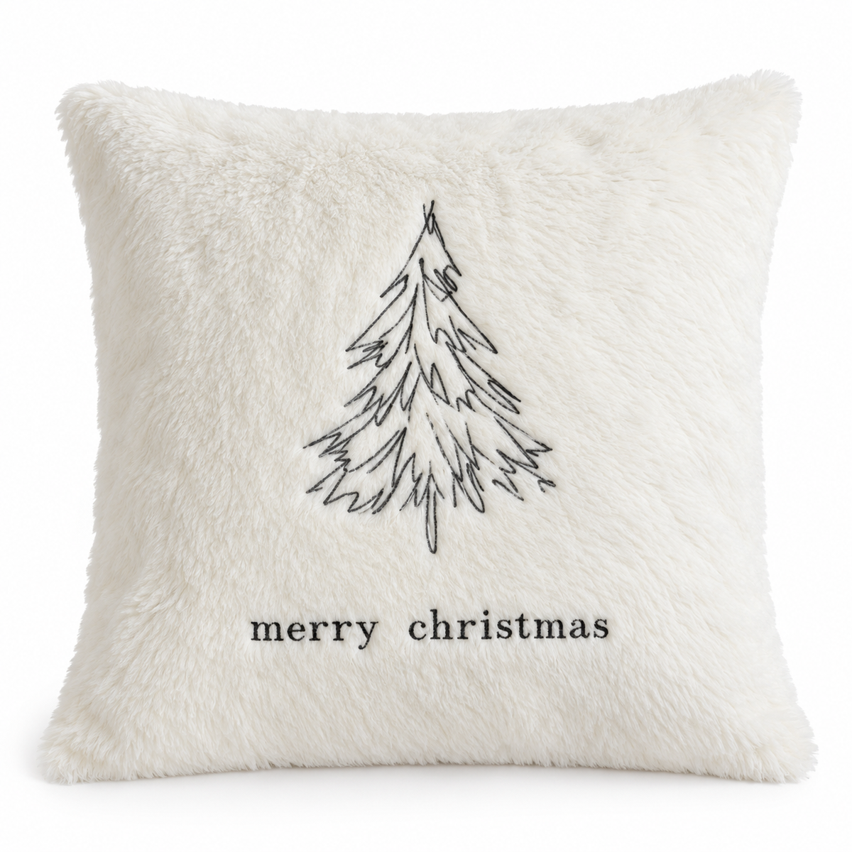 Cream Embroidered Fluffy Christmas Tree Cushion Cover