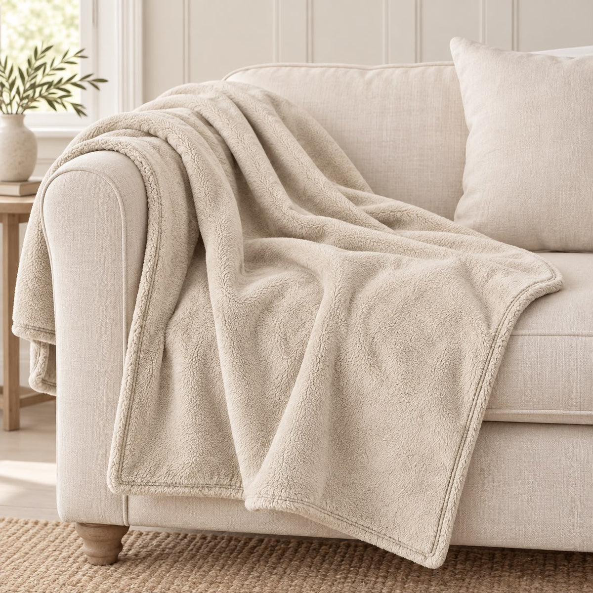 Cream Luxury Snuggle Blanket Throw, cream throw draped over a cream sofa