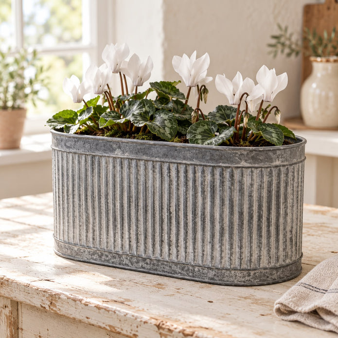 Ribbed Oval Galvanised Metal Planter Troughs - Set of Three