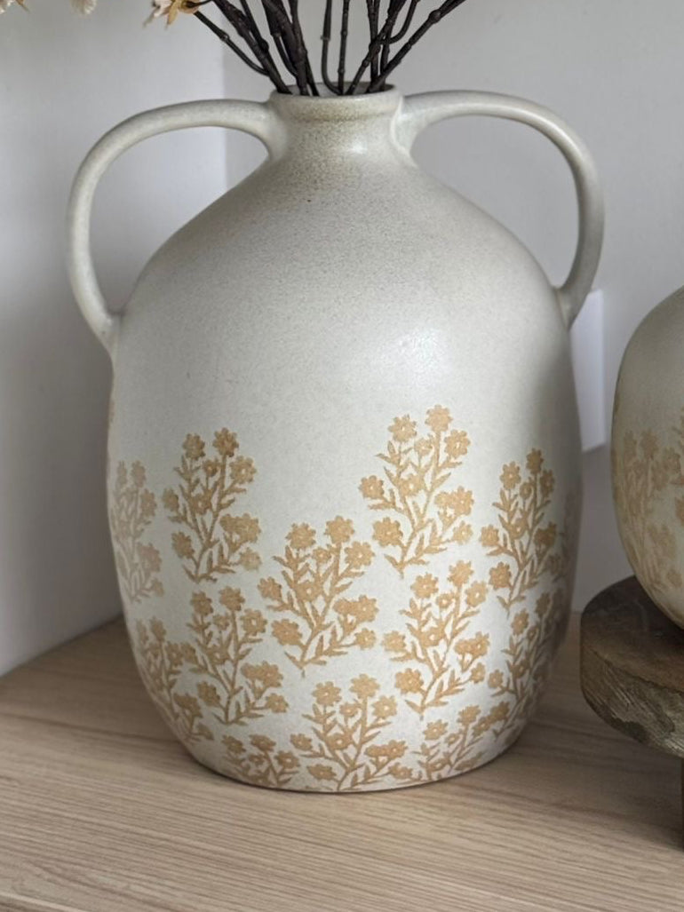 Large white Gainsborough Giftware vase with floral pattern, featuring a tall jug shape and decorative floral design.