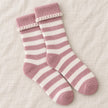 Super Cosy Fluffy Cuff Socks - Pink Stripe, pink striped socks with cream-trimmed cuffs on pale fabric