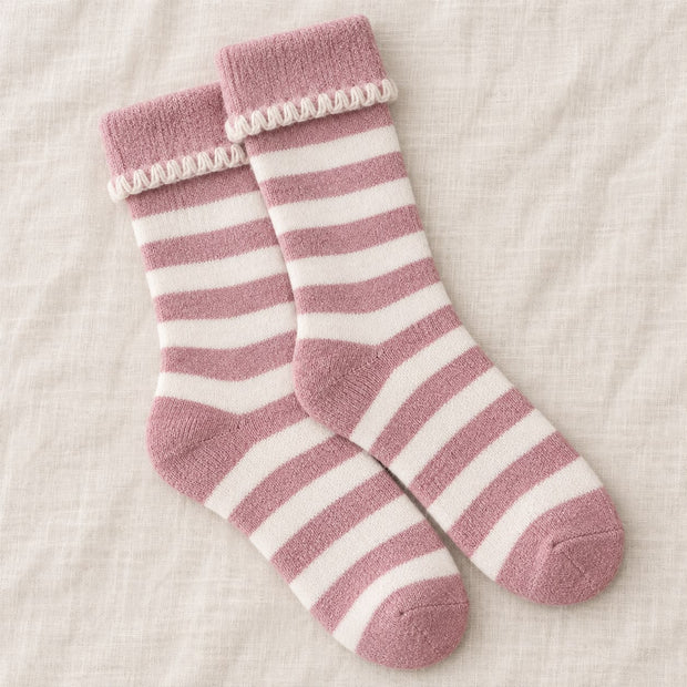 Super Cosy Fluffy Cuff Socks - Pink Stripe, pink striped socks with cream-trimmed cuffs on pale fabric