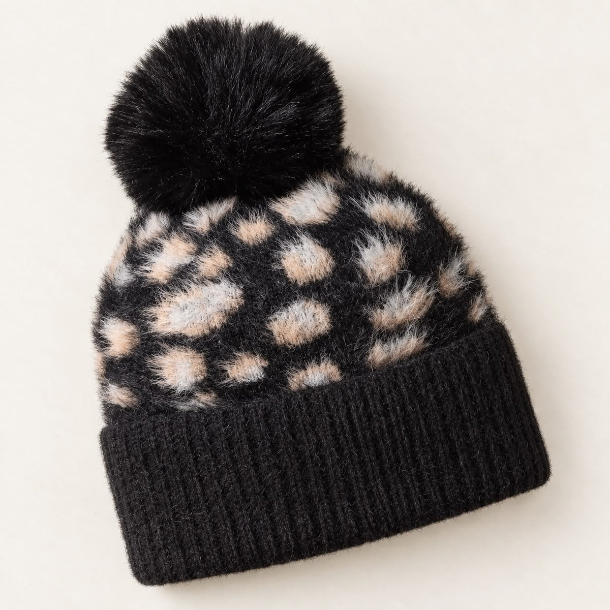 Black Leopard Print Fluffy Bobble Hat