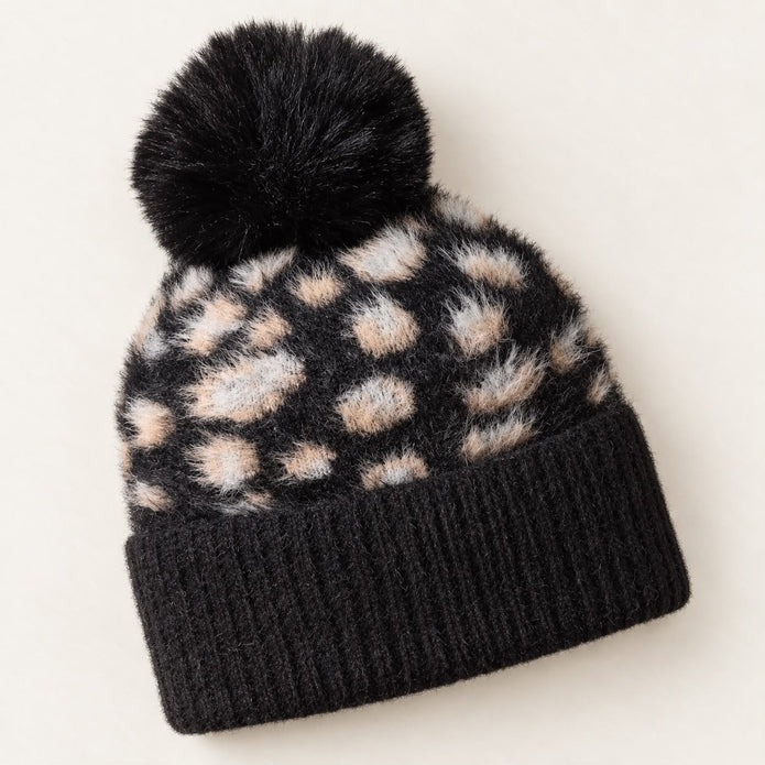 Black Leopard Print Fluffy Bobble Hat