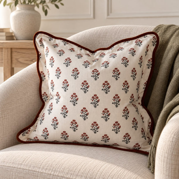 Chloe Brown Print Cushion Cover, cream floral cushion with brown piping on a cream sofa