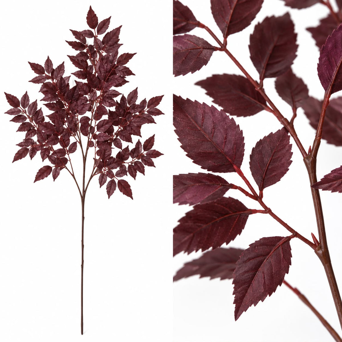 Artificial Burgundy Leaf Foliage Stem, full foliage stem beside a close-up of the burgundy leaves