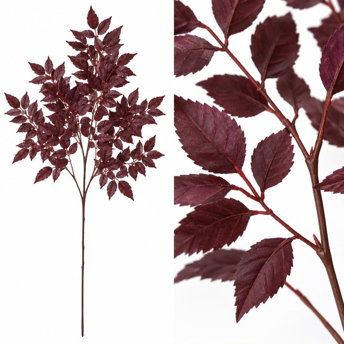 Artificial Burgundy Leaf Foliage Stem, full foliage stem beside a close-up of the burgundy leaves