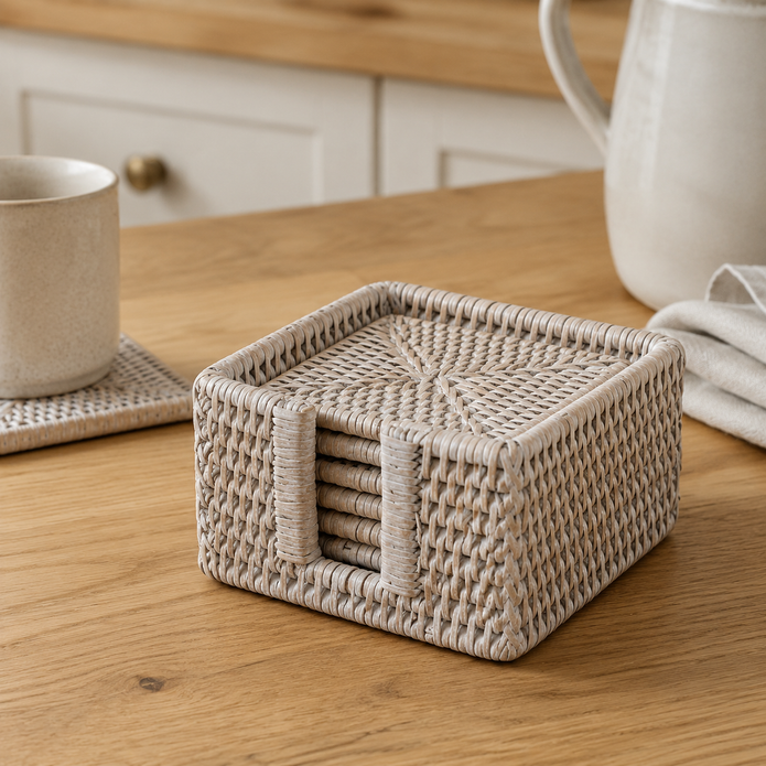 Rattan Square Coaster Set & Holder