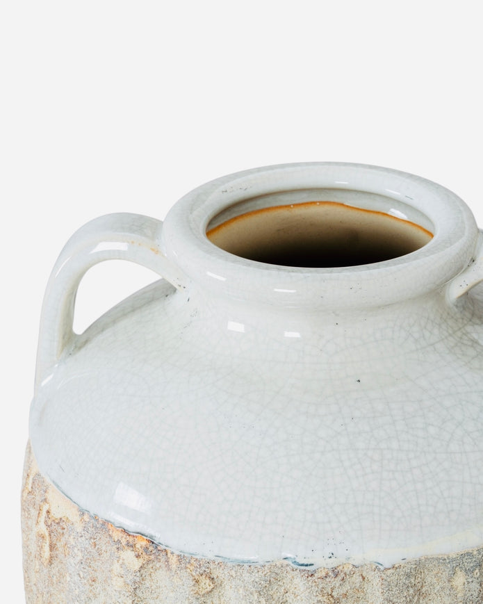 Thorne white and beige amphora rustic vase by Hill Interiors, featuring a classic ceramic design with a textured finish.