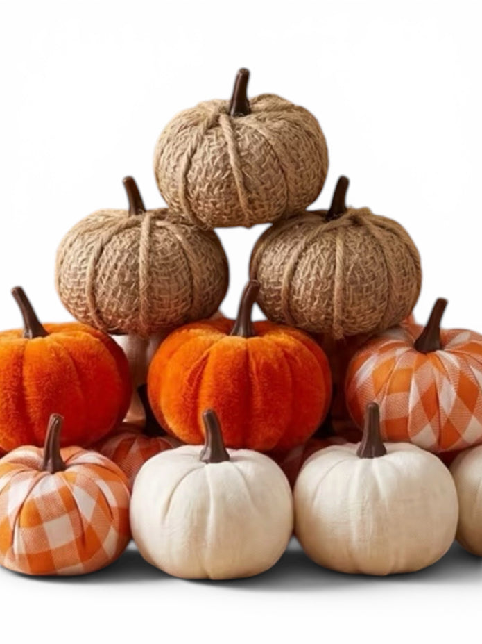 Orange Fabric Mini Pumpkins, assorted orange, gingham, brown and white fabric pumpkins