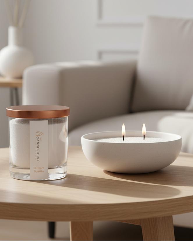 White scented candle in a sand jar labeled Rhubarb Sparkle from The Candledust home fragrance collection.