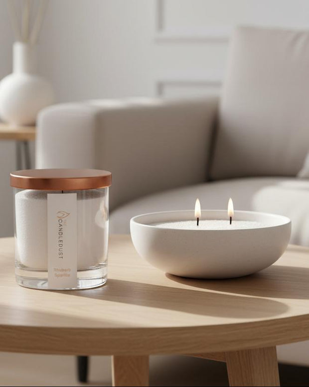 White scented candle in a sand jar labeled Rhubarb Sparkle from The Candledust home fragrance collection.