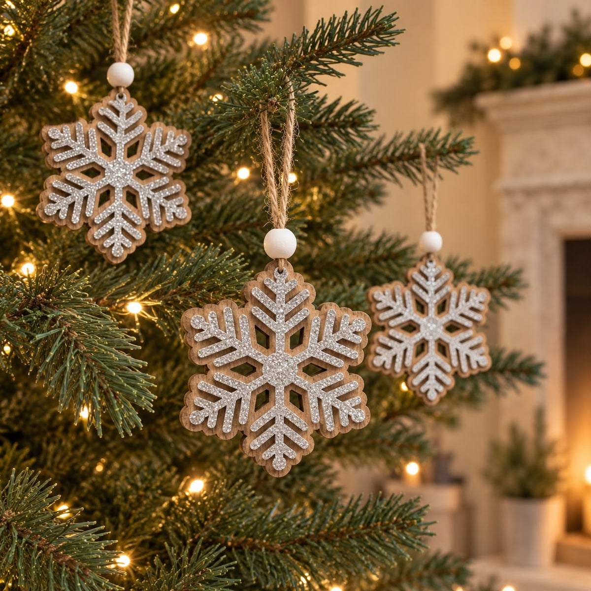 Wooden Snowflake Hanging Decorations - Set of Six