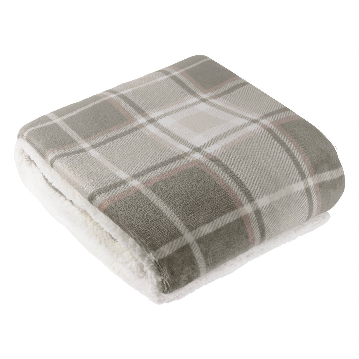 Riva Home Braemar check sherpa fleece throw in green and natural tones, soft textured fabric folded neatly