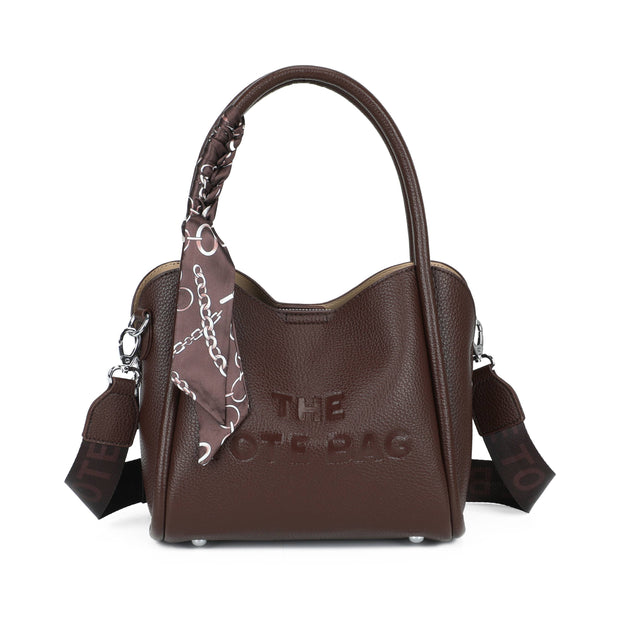 Bucket Grab Bag, dark brown bucket grab bag with a printed scarf on the handle