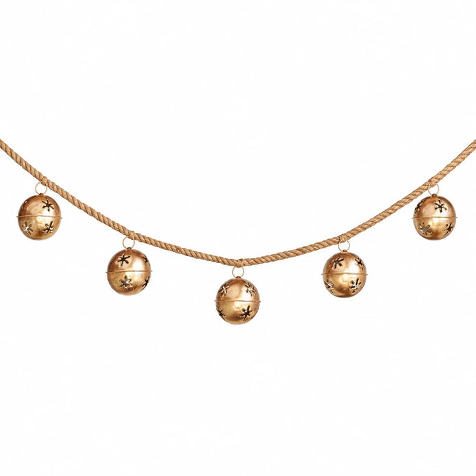 Section of the sleigh bell garland with gold bells and natural cord against white.