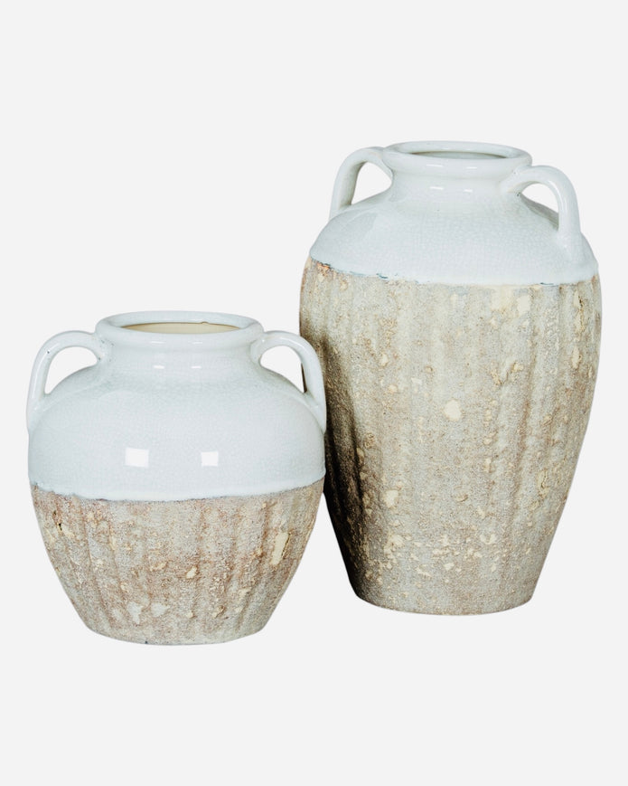 Thorne white and beige amphora rustic vase from Hill Interiors, featuring a classic ceramic design with a textured finish.