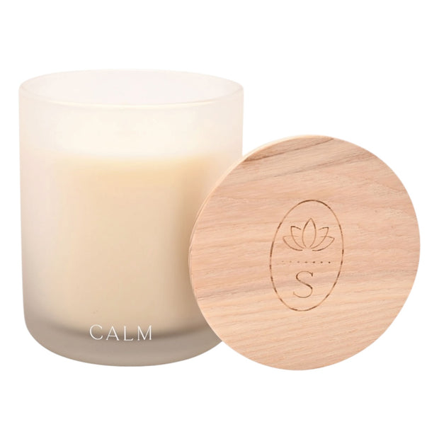 Serenity Calm Candle - Lavender, Vanilla And Patchouli, Calm candle jar and round wooden lid against white
