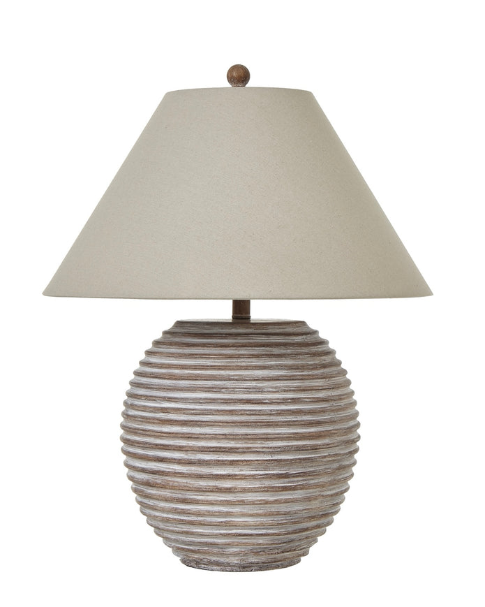 Large Saturn wooden lamp by Hill Interiors, featuring a rustic wooden base and modern lighting design.