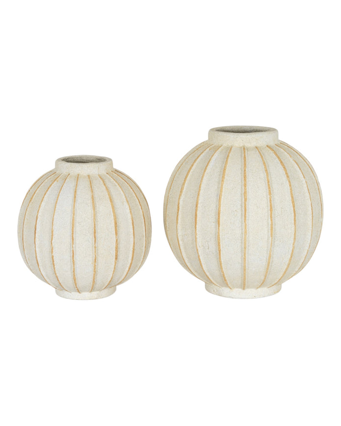 Decorative Hill Interiors Globe striped vase for home décor, featuring a round shape with blue and white striped pattern.
