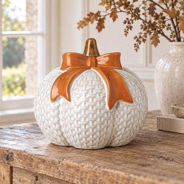 White Ceramic Pumpkin With Orange Bow, white ceramic pumpkin with an orange bow beside a window