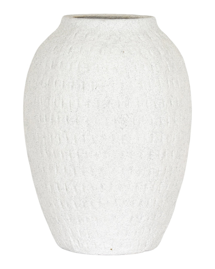 Ashen white matte tall vase from Hill Interiors, featuring a sleek, modern design with smooth surface and elongated shape.