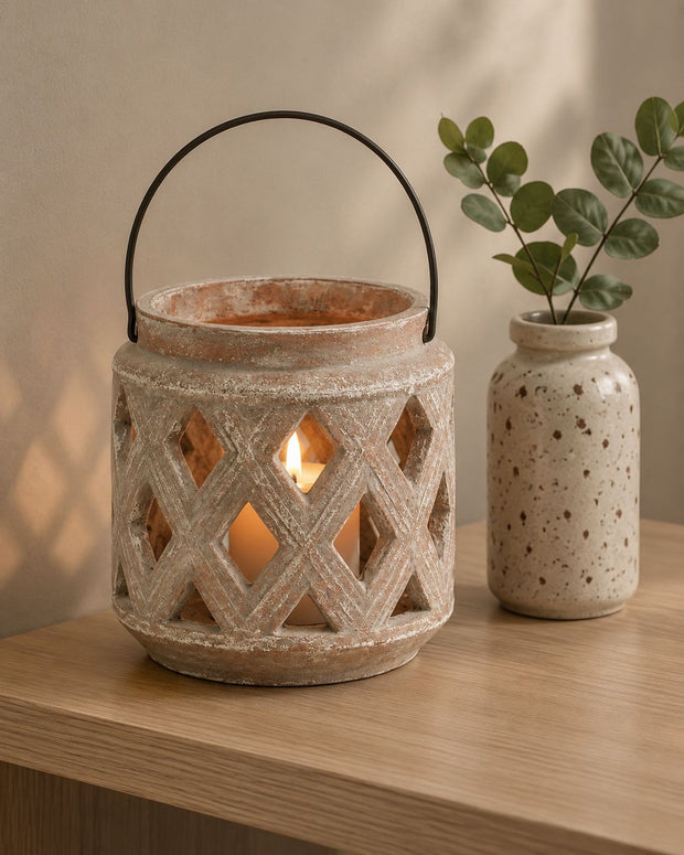 Siena Matt Brown Stone Lattice Hurricane Lantern