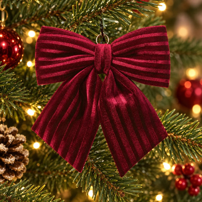 Small burgundy velvet bow styled among green Christmas tree branches and warm lights.