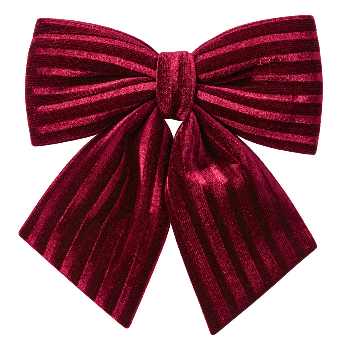 Front view of the small burgundy velvet bow showing its central knot and striped texture.