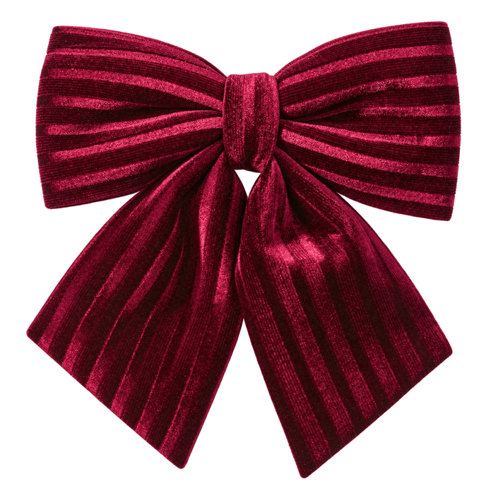 Front view of the small burgundy velvet bow showing its central knot and striped texture.