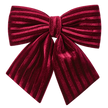 Front view of the small burgundy velvet bow showing its central knot and striped texture.