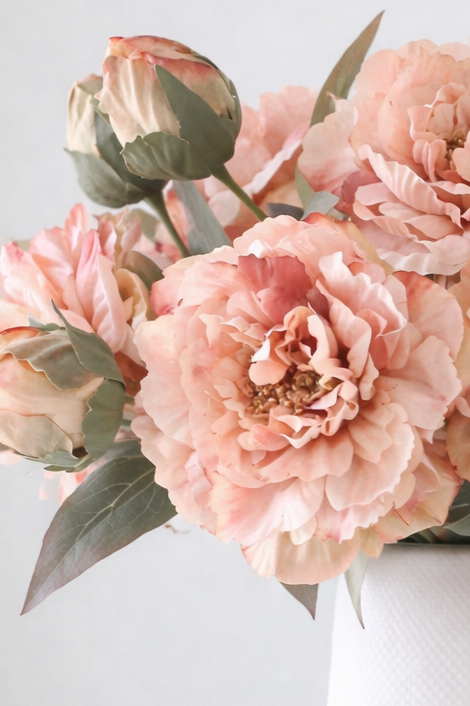 Artificial Peach Open Double Peony Flower Stem by Starlight Express with vibrant peach blooms and green foliage.