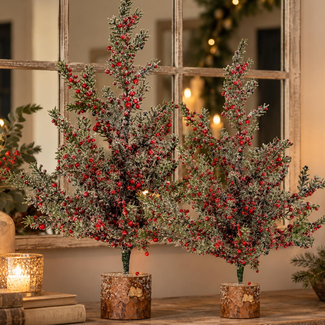 Frosted Winter Berry Tree On Wooden Block