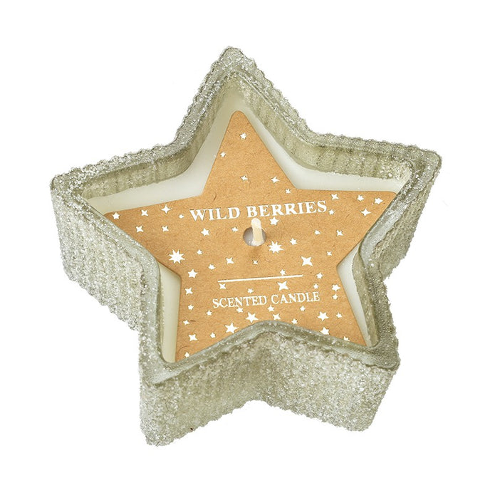 Silver Glass Star Candle - Wild Berries, top view of the star candle and Wild Berries label