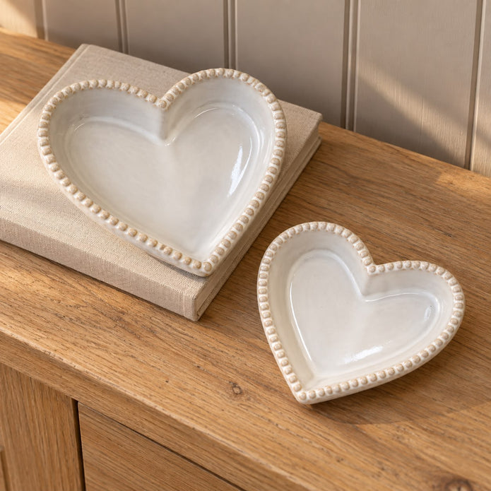 Natural Ceramic Heart Shaped Plate With Bobble Rim - Large