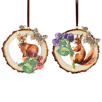 Wooden Fox & Squirrel With Berries Log Hanging Decoration Gisela Graham